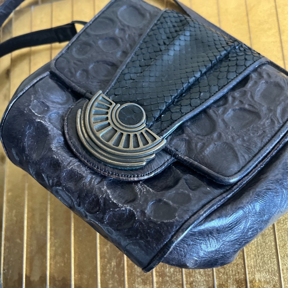 Vtg Sharif Black Leather With Python Crossbody Bl… - image 2